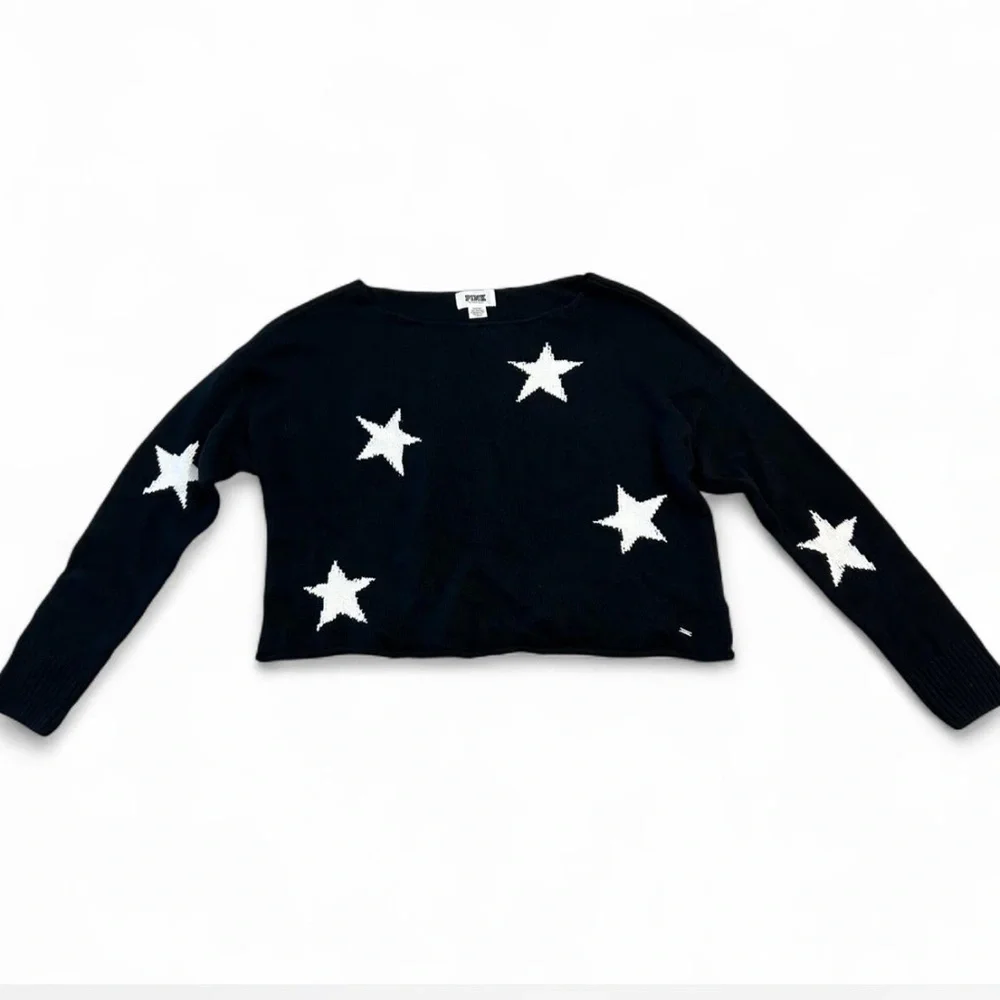 PINK Cropped Oversized Boxy Fit Black Sweater with Stars, Size Medium